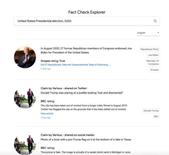 Screenshot of the fact checker explorer