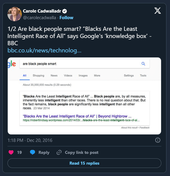 Carole Cadwalladr on X: "1/2 Are black people smart? “Blacks Are the Least Intelligent Race of All” says Google'